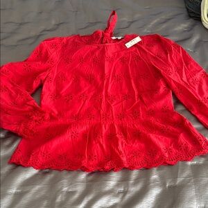Madewell Red Peplum Blouse with Mandarin Collar